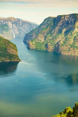 Aurlandsfjord fiyort manzarası, Norveç İskandinavya. Ulusal turizm rotası Aurlandsfellet.