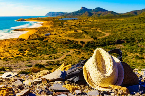 Hat Backpack Summer Walking Equipment Mediterranean Sea Coast Murcia Region — Stock Photo, Image