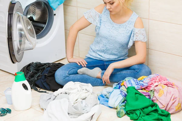 Woman Bathroom Sorting Clothes Laundry Washing Machine Household Duties — Stock Photo, Image
