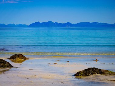 Gimsoya adası kıyıları, Gimsoya kumlu plajı yazın. Nordland Bölgesi, Lofoten takımadaları Norveç. Turist eğlencesi.