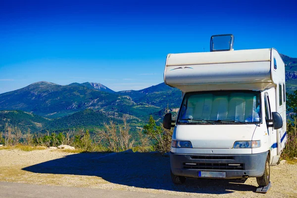 stock image Caravan rv on nature. Verdon Gorge France. Motor home camping car driving through mountain landscape. Adventure with camper vehicle..