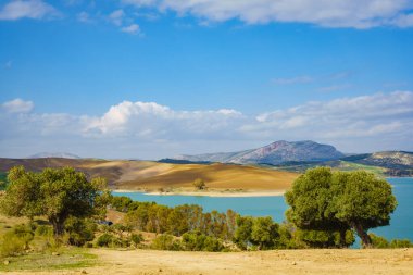 İspanyol iç doğa manzarası. Embalse del Guadalhorce Gölü, Ardales Barajı, Malaga Endülüs, İspanya
