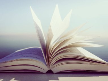 Tatillerde kitap okumak. Mavi deniz suyuna karşı açık bir masa. Kitap sayfaları rüzgarda çırpınıyor.