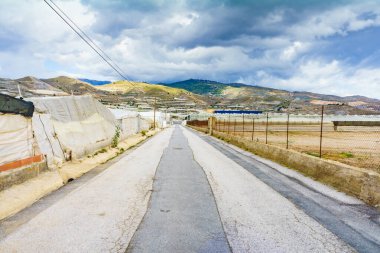 Plastik seralar arasında asfalt yolu olan İspanyol manzarası. Almerya bölgesi, Endülüs İspanya.