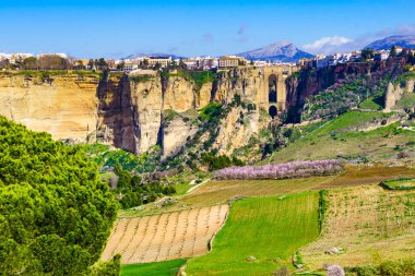 Ronda kasabası ve vadisi. Köprü ile uçurumdan bak. Endülüs, İspanya 'da turistik ilgi.