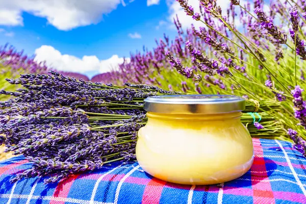 Jar Honey Fresh Lavender Field Background Provence France Stock Photo