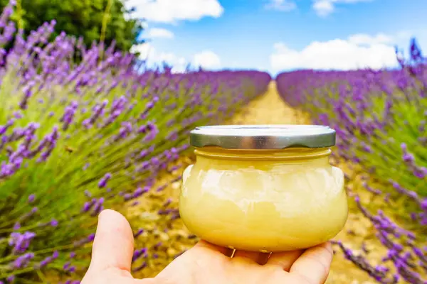 手は新鮮なラベンダー畑の背景に蜂蜜と瓶を保持しています フランスのプロヴァンス ロイヤリティフリーのストック画像