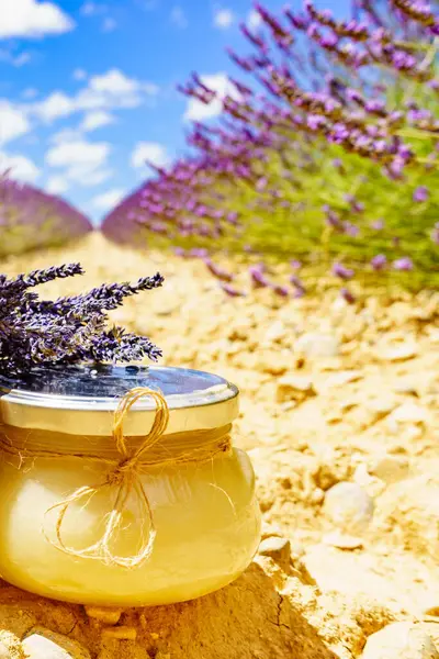 Glas Mit Honig Vor Frischem Lavendelfeld Hintergrund Provence Frankreich Stockbild