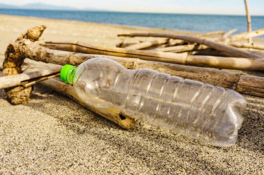 Plastik boş su şişesi sahilde terk edilmiş. Çevresel kirlilik küresel ekolojik sorun. Dünya ekolojisi.