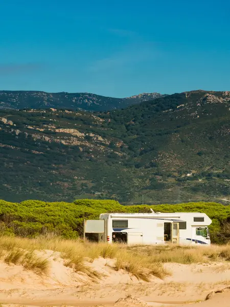 Caravan camping on sea coast. Mediterranean region of Costa del Sol, Spain.