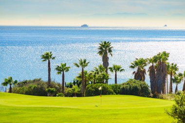 Deniz kıyısında golf sahası ve palmiye ağaçları, Endülüs 'te Sotogrande, İspanya