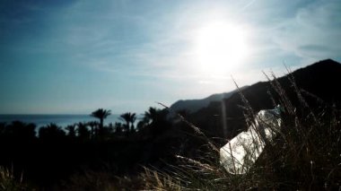 Plastik boş su şişesi, akşam vakti doğada terk edilmiş. Çevresel kirlilik küresel ekolojik sorun. Dünya ekolojisi.