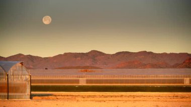 İspanya kıyı manzarası, gökyüzünde ay ve sabah ışığında büyük ticari cam seralar. Endüstriyel tarım. Murcia bölgesi, İspanya.