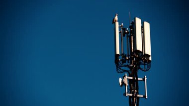 Cep telefonu telsiz ağı anten 4G veya 5G telekomünikasyon direğinde gökyüzüne karşı. Yeni teknoloji nesli. Radyasyon, insan sağlığı sorunları.