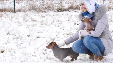 Genç kadın köpekleriyle oynuyor, pinscher ratter prazsky krysarik ve dachshund, kış havasında açık havada..