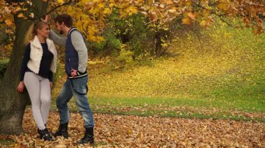 Genç çiftin güneşli bir günde sonbahar parkında randevusu var. Sonbahar aşkı kavramı birliktelik ve ilişki 4k karargah kodlaması gerektirir