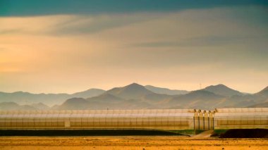 Büyük ticari cam seralar ve gün batımı ışıklarıyla İspanyol sahil manzarası. Endüstriyel tarım. Murcia bölgesi, İspanya.