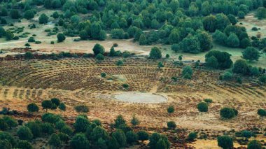 The Good, The Bad and the Ugly 'nin son düellosunun yapıldığı Sad Hill Mezarlığı' nın yenilenmiş topraklarına sahip yeşil vadi. Yukarıdan görüntüle