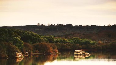 Huzurlu göl manzarası ve kıyıda ağaçlar. Manzara povoa e meadas dam, doğal rezerv Castelo de vide, alentejo Portekiz.