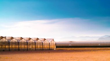 Akşamları, ticari seralarla birlikte kıyı manzarası üzerinde hareket eden bulutların hızlanması. Endüstriyel tarım. Murcia bölgesi, İspanya.