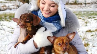 Üç köpeğiyle oynayan genç bir kadın, pinscher ratter prazsky krysarik, dachshund, kış havasında dışarıda..