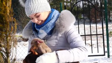 Genç kadın köpekleriyle oynuyor, pinscher ratter prazsky krysarik ve dachshund, kış havasında açık havada..