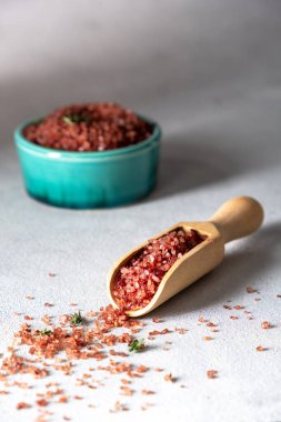 Wine flavored salt in wooden scoop on a gray background