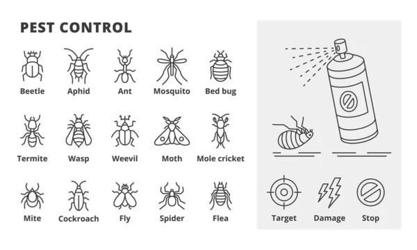 Ikony Linii Kontroli Szkodników Ilustracje Wektorowe Szkodników Spray Mosquito Garbus — Wektor stockowy