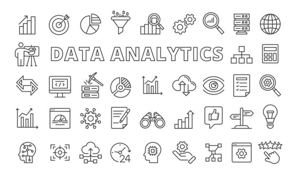 Set of Data analytics icons in line design .Data visualization, Charts, Analytics dashboard, Big data, Statist. Data analytics vector illustrations. icons isolated on while background vector