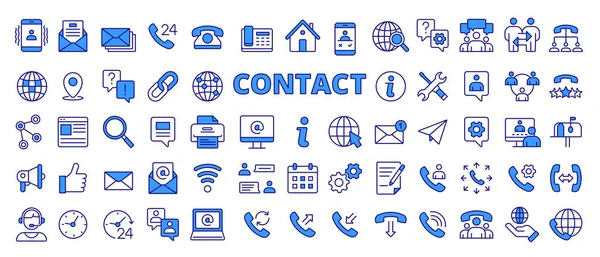 Ícones Contato Definido Linha Azul Design Telefone Mail Mensagem Chamada — Vetor de Stock