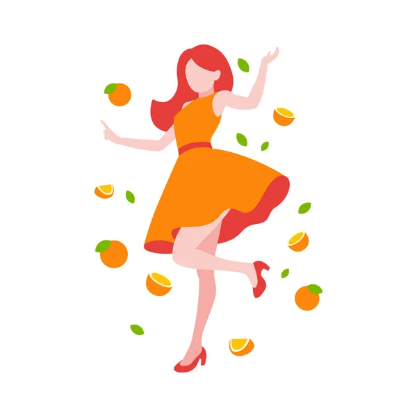 Girl Oranges Vector Flat Illustration Girl Orange Dress Red Hair — Stock Vector