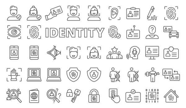 Set Identity Icons Line Design Identification Fingerprint Face Protection Biometric — Stock Vector