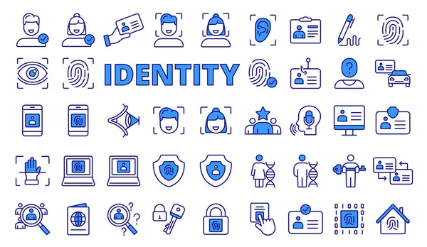 Set Identity Icons Line Design Blue Identification Fingerprint Face Protection — Stock Vector