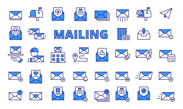 Ikony Pocztowe Niebieskim Wzorze Koperta Poczta Biznes Mail List Adres — Wektor stockowy