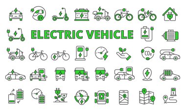 Elektrikli araç simgeleri yeşil çizgiye ayarlandı. İş, scooter, elektrikli araba, pil, elektrikli motor, şarj istasyonu vektör çizimleri. Elektrikli araç simgeleri.