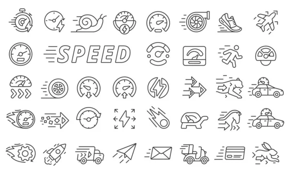 Speed Icons Set Line Design Fast Speedometer Rapid Quick Slow — Stock Vector