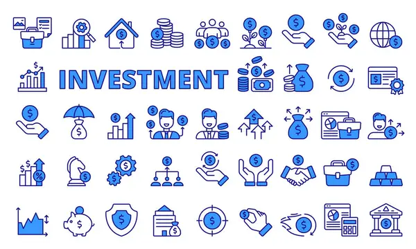 Yatırım simgeleri mavi çizgide ayarlandı. İş, Finans, Zenginlik, Büyüme, Gelir, Para, Yatırım, Portföy, Risk, Enflasyon, Bağ Stratejisi Vektör çizimleri Düzenlenebilir vuruş simgesi