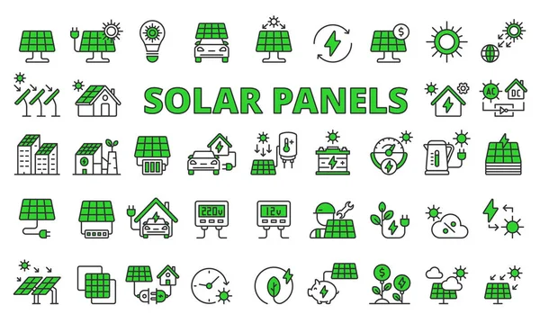 Ícone Painéis Solares Definido Linha Verde Design Energia Verde Eletricidade — Vetor de Stock