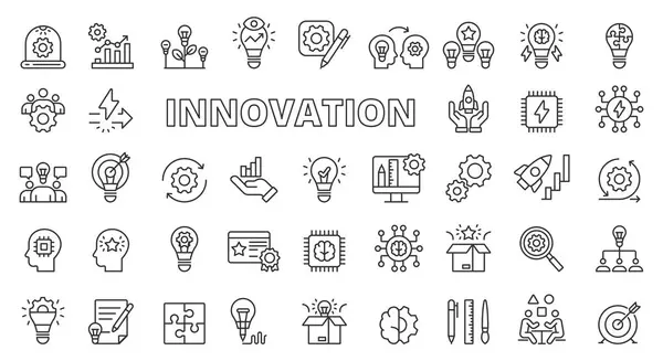 Ikona Innowacji Zestaw Linii Projektowania Innowacje Pomysły Kreatywność Startup Rozwój — Wektor stockowy