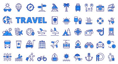 Mavi çizgi dizayn edilmiş seyahat simgeleri. Tatil, turizm, tur, bavul, beyaz arka planda izole edilmiş tatil resimleri. Seyahat edilebilir vuruş simgesi