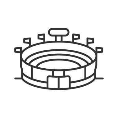 Stadyum ikon hattı tasarımı. Arena, bina, ikon, tribün, futbol, futbol, saha izleyicileri vektör illüstrasyon stadyum düzenleme ikonu