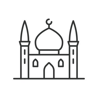 Cami simgesi çizimi. İslami, Din, İbadet, Dua, Minare, Kubbe vektör illüstrasyonu Cami düzenlenebilir vuruş simgesi
