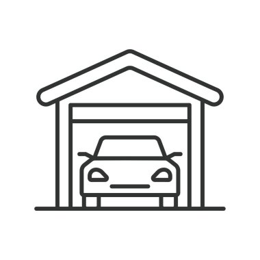 Garaj ikonu çizimi. Simge, araç, garaj, depolama, otomobil, araba vektör illüstrasyonu Garaj düzenlenebilir vuruş simgesi