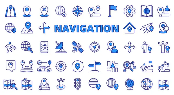 Navigation Placering Ikoner Linje Design Blå Kort Destination Sted Punkt – Stock-vektor