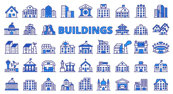 Edifícios Ícones Linha Design Azul Casa Cidade Arquitetura Paisagem Urbana — Vetor de Stock