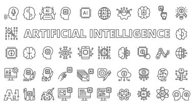 Yapay zeka çizgisi tasarımı. Derin öğrenme, yapay zeka, zeka, üretken yapay zeka, yapay yapay yapay çizim, sinirsel ağ, sohbet robotu çizimleri. Yapay vuruş simgeleri