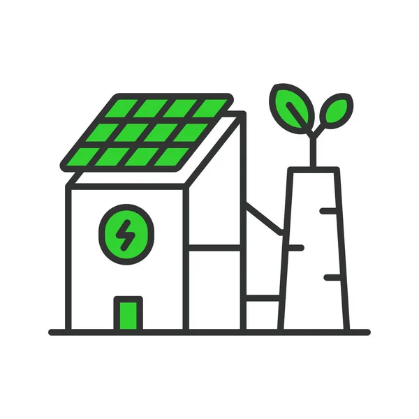 Эко Завод Солнечной Батареей Линейке Дизайна Зеленый Эко Растение Солнце — стоковый вектор