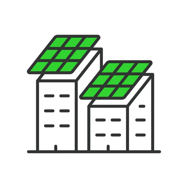Solární Panely Ikoně Budovy Zeleném Provedení Solární Panely Budovy Energie — Stockový vektor