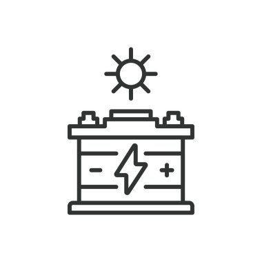 Güneş Enerjisi Biriktirme ikonu tasarımı. Enerji, birikim, güneş, güç, sistem, yenilenebilir enerji paneli, beyaz arka plan vektöründe izole edilmiş pil. Güneş Enerjisi Birikimi Düzenlenebilir Vuruş.