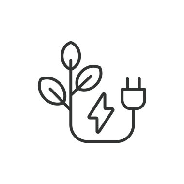 Yeşil enerji çizgi dizaynında simge bırakır, yeşil. Yeşil, enerji, yapraklar, güneş enerjisi, yenilenebilir enerji, güç, beyaz arka plan vektöründe izole edilmiş çevre. Yeşil enerji değiştirilebilir vuruş simgesini bırakır